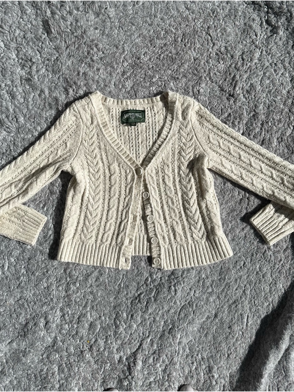American Eagle Outfitters Cream Cable-Knit V-Neck Button Cardigan